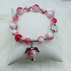 Pink  Beaded w/ Angel Charm Bracelet - Small wrists